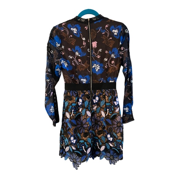 Self Portrait Maxine Floral Lace Mini Dress Long Sleeve Blue Black Aiden Size M - Picture 16 of 16